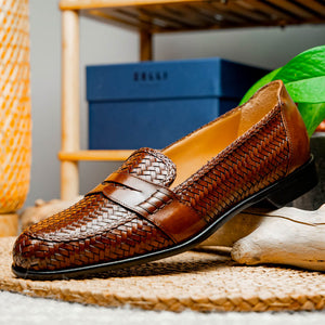 Zelli Nicola Handwoven Italian Calfskin Penny Loafers in Cognac