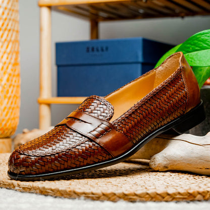 Zelli Nicola Handwoven Italian Calfskin Penny Loafers in Cognac