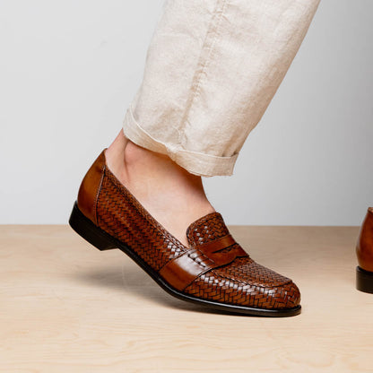 Zelli Nicola Handwoven Italian Calfskin Penny Loafers in Cognac