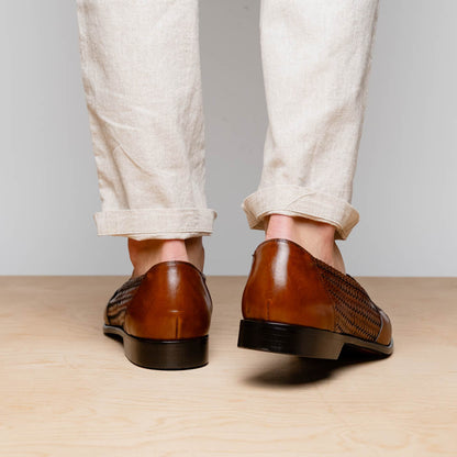 Zelli Nicola Handwoven Italian Calfskin Penny Loafers in Cognac