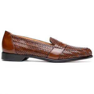 Zelli Nicola Handwoven Italian Calfskin Penny Loafers in Cognac