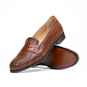 Zelli Nicola Handwoven Italian Calfskin Penny Loafers in Cognac