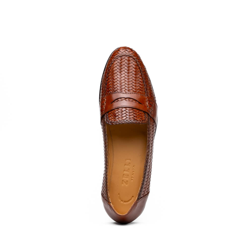 Zelli Nicola Handwoven Italian Calfskin Penny Loafers in Cognac