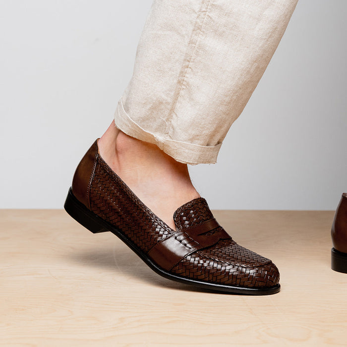 Zelli Nicola Woven Italian Calfskin Penny Loafers in Dark Brown