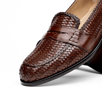 Zelli Nicola Woven Italian Calfskin Penny Loafers in Dark Brown