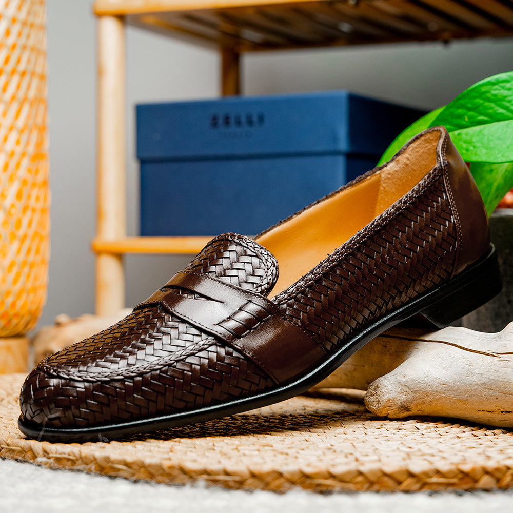 Zelli Nicola Woven Italian Calfskin Penny Loafers in Dark Brown