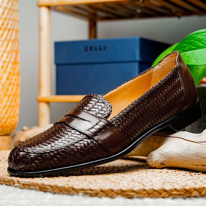 Zelli Nicola Woven Italian Calfskin Penny Loafers in Dark Brown