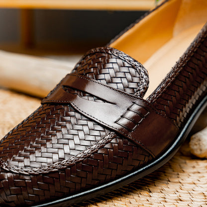 Zelli Nicola Woven Italian Calfskin Penny Loafers in Dark Brown