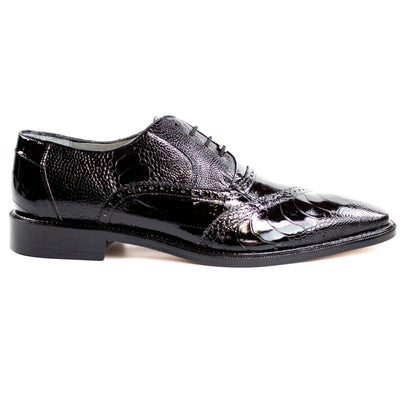 Men's Belvedere Nino Slanted Wingtip Ostrich Leg & Eel Dress Shoe in Black 1 MEN 0B4 BLACK-M-15  - from alligatorwarehouse.com