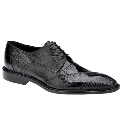 Men's Belvedere Nino Slanted Wingtip Ostrich Leg & Eel Dress Shoe in Black 2 MEN 0B4 BLACK-M-15  - from alligatorwarehouse.com