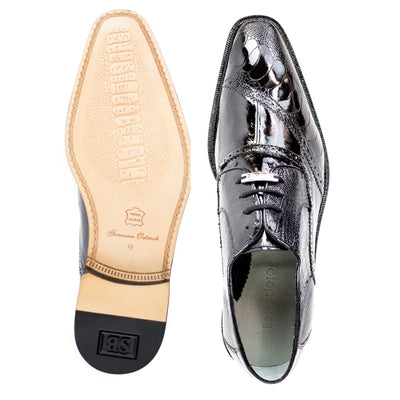 Men's Belvedere Nino Slanted Wingtip Ostrich Leg & Eel Dress Shoe in Black 3 MEN 0B4 BLACK-M-15  - from alligatorwarehouse.com