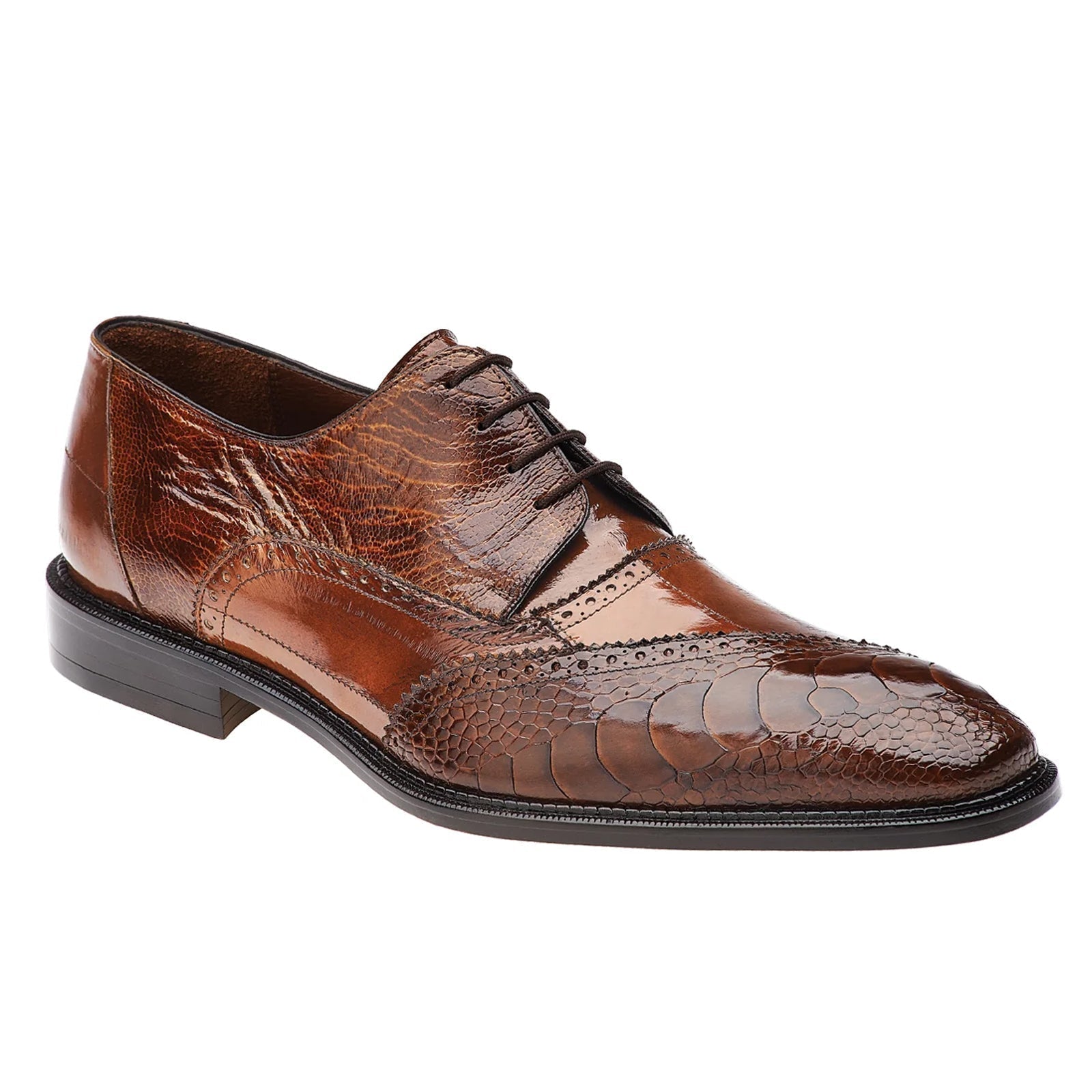 Men's Belvedere Nino Slanted Wingtip Ostrich Leg & Eel Dress Shoe in Camel 2 MEN 0B4 ANTIQUE CAMEL-M-15  - from alligatorwarehouse.com