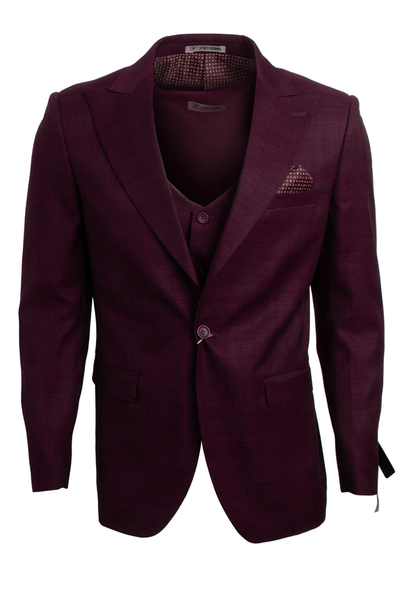 "Mens Stacy Adams Suit - Stacy Adams Suit Men's Glen Plaid Suit - One Button Vested Peak Lapel in Burgundy"