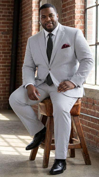 Men’s Black Pinstripe Summer Seersucker 2 Piece Suit with Jacket and Pants