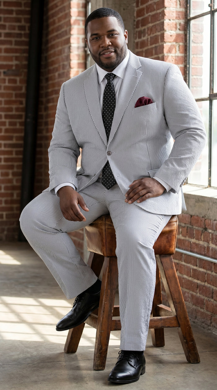Men’s Black Pinstripe Summer Seersucker 2 Piece Suit with Jacket and Pants