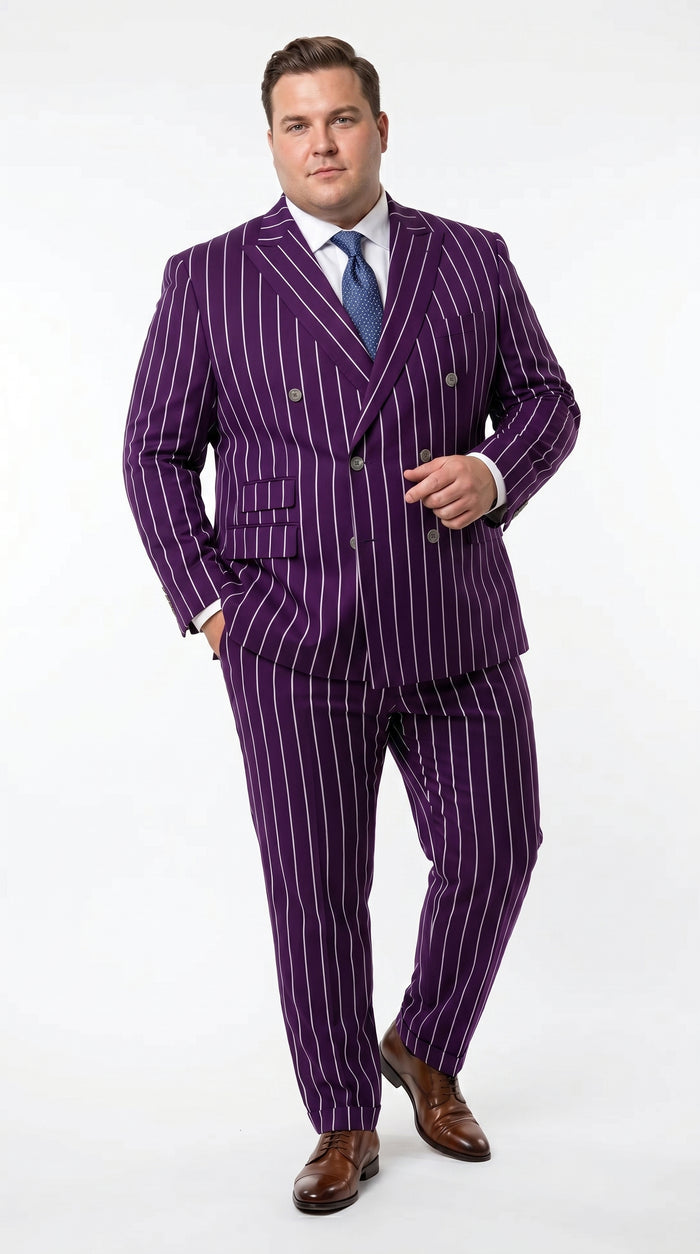 Men’s Dark Purple Pinstripe Double Breasted 1920s Gangster Suit, Vintage Formal Dress Suit