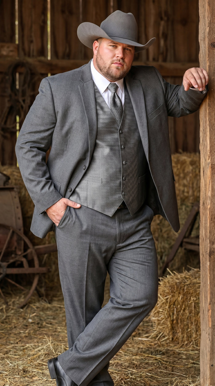 Men’s Grey 2 Button Trim Cowboy Tuxedo with Vest, Western Wedding Formal Suit