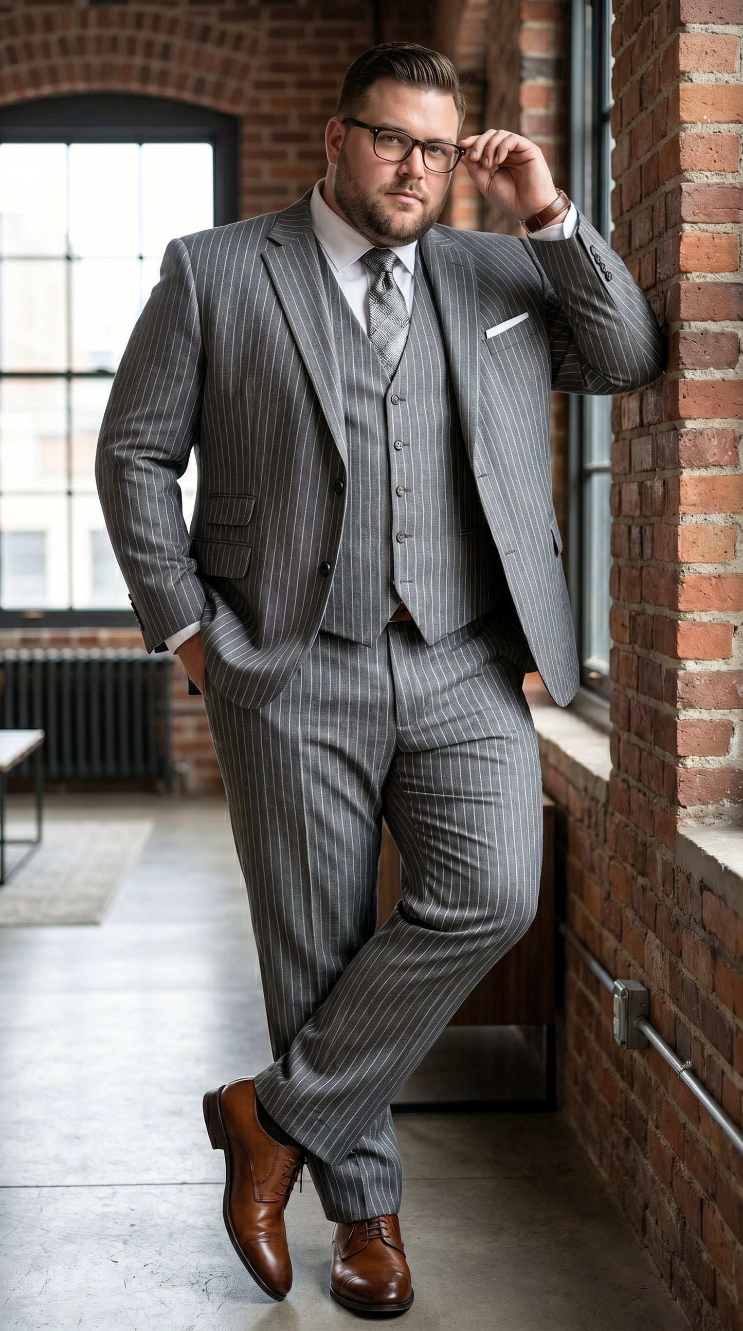 Men’s Grey Pinstripe Double Breasted Vest Suit 2 Button Gangster Style Formal Suit