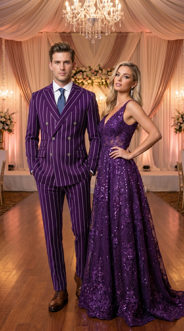 Men’s Dark Purple Pinstripe Double Breasted 1920s Gangster Suit, Vintage Formal Dress Suit