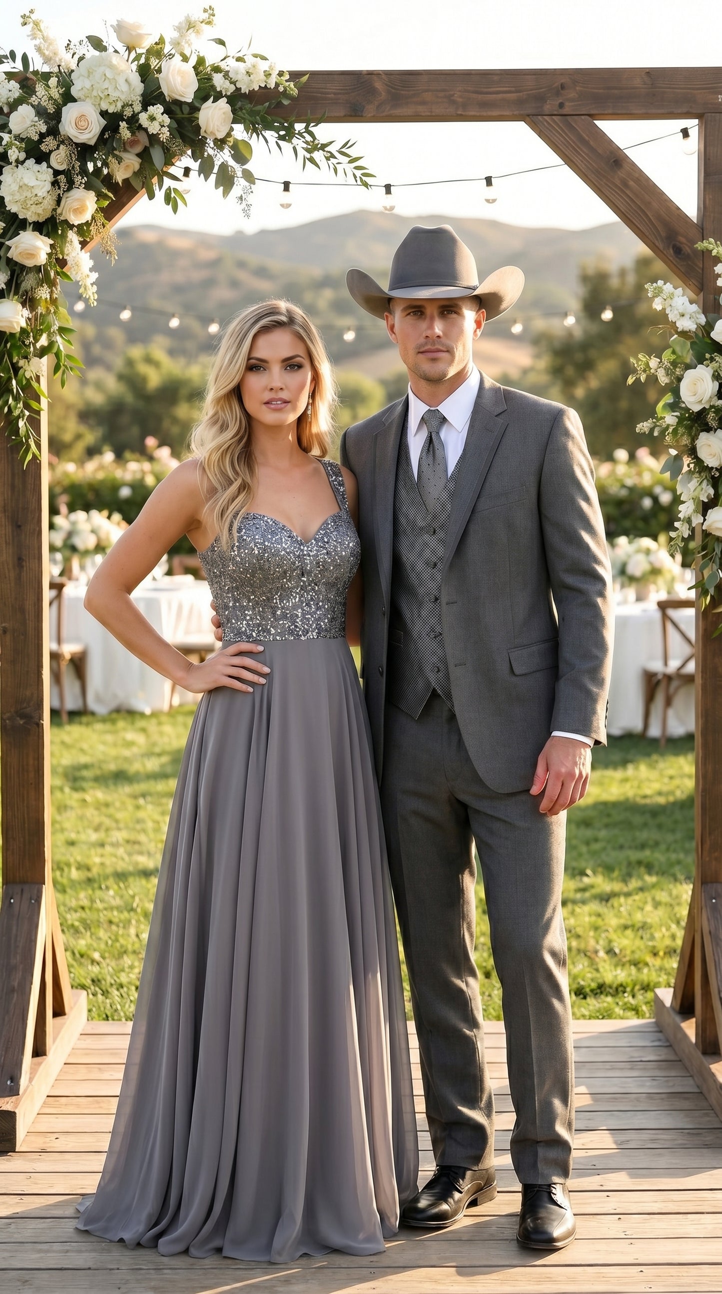 Men’s Grey 2 Button Trim Cowboy Tuxedo with Vest, Western Wedding Formal Suit
