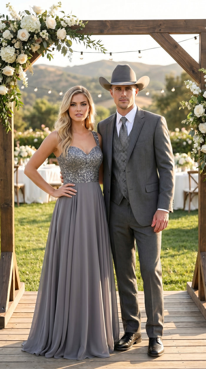 Men’s Grey 2 Button Trim Cowboy Tuxedo with Vest, Western Wedding Formal Suit