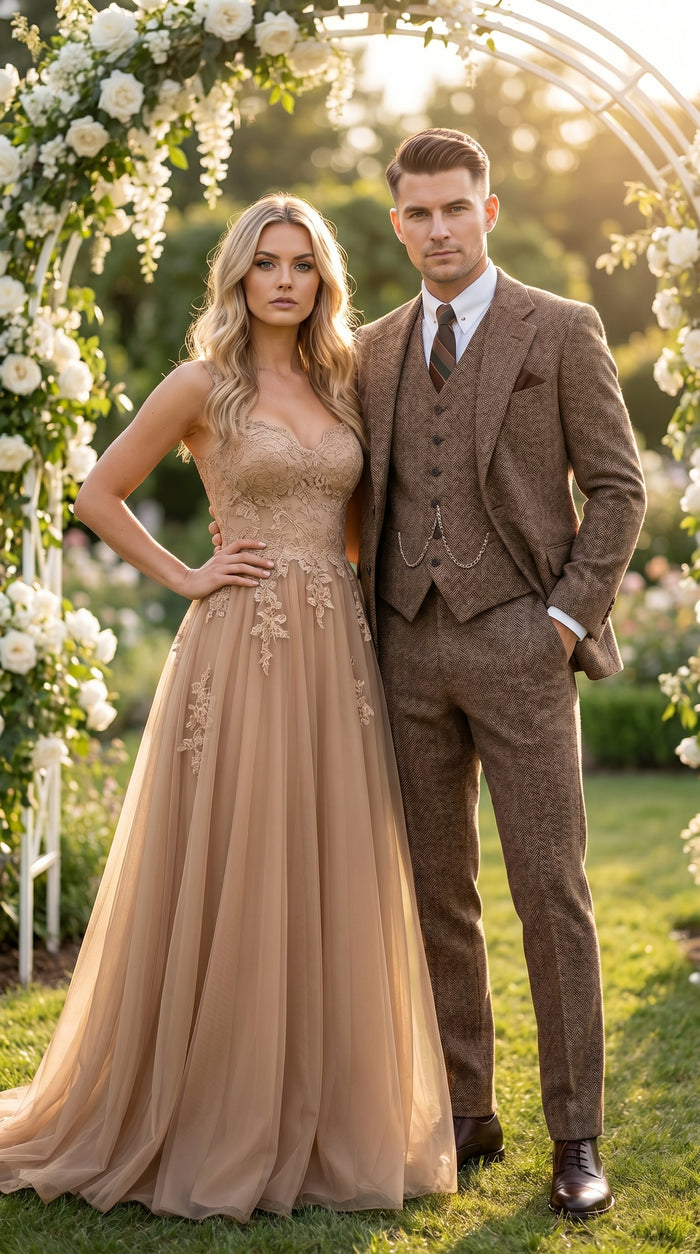 Men’s Light Brown Great Gatsby Inspired Tweed Herringbone Vested Suit, Vintage Formal Wedding Suit