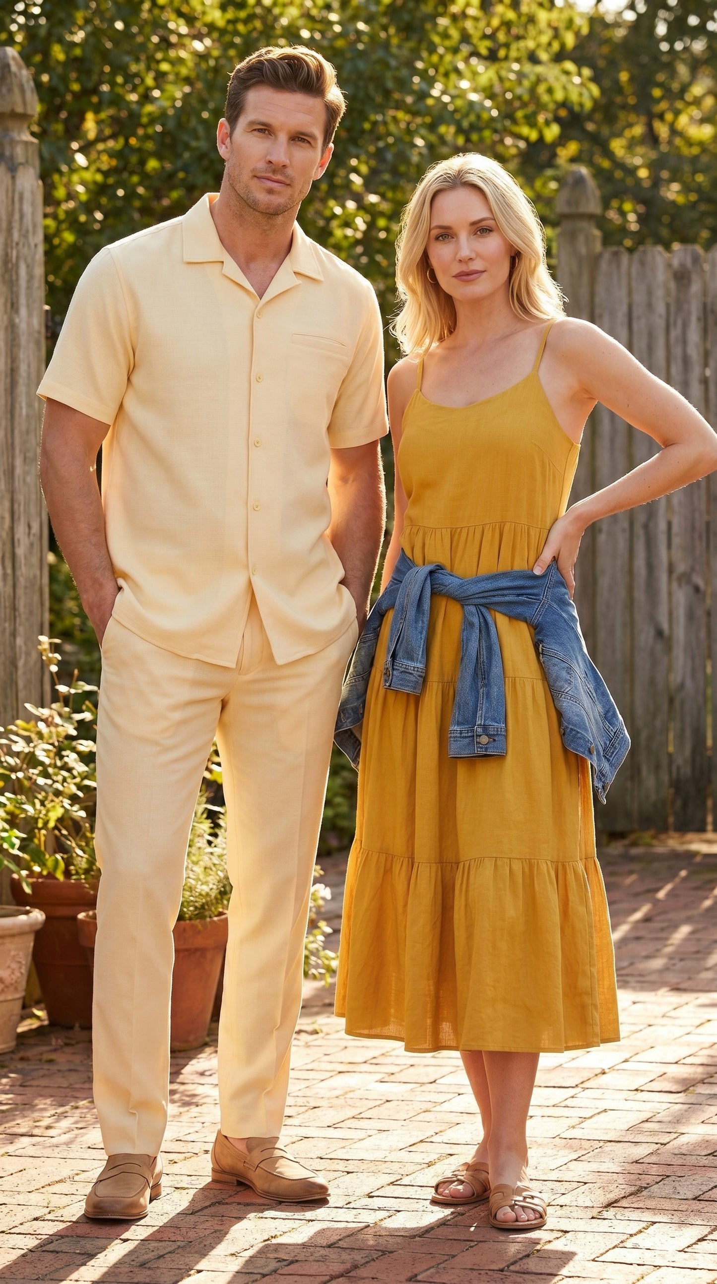 Men’s Yellow Patterned Short Sleeve Walking Suit with Matching Pants, Casual Summer Dress Outfit