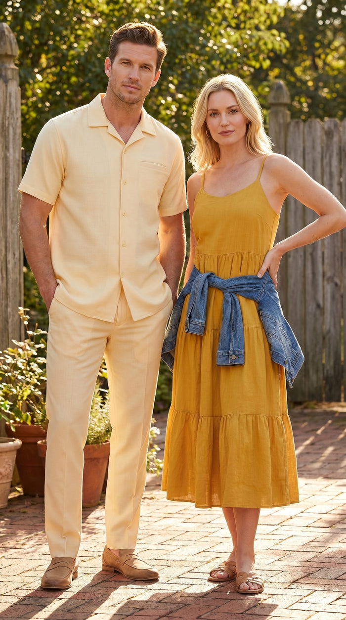 Men’s Yellow Patterned Short Sleeve Walking Suit with Matching Pants, Casual Summer Dress Outfit