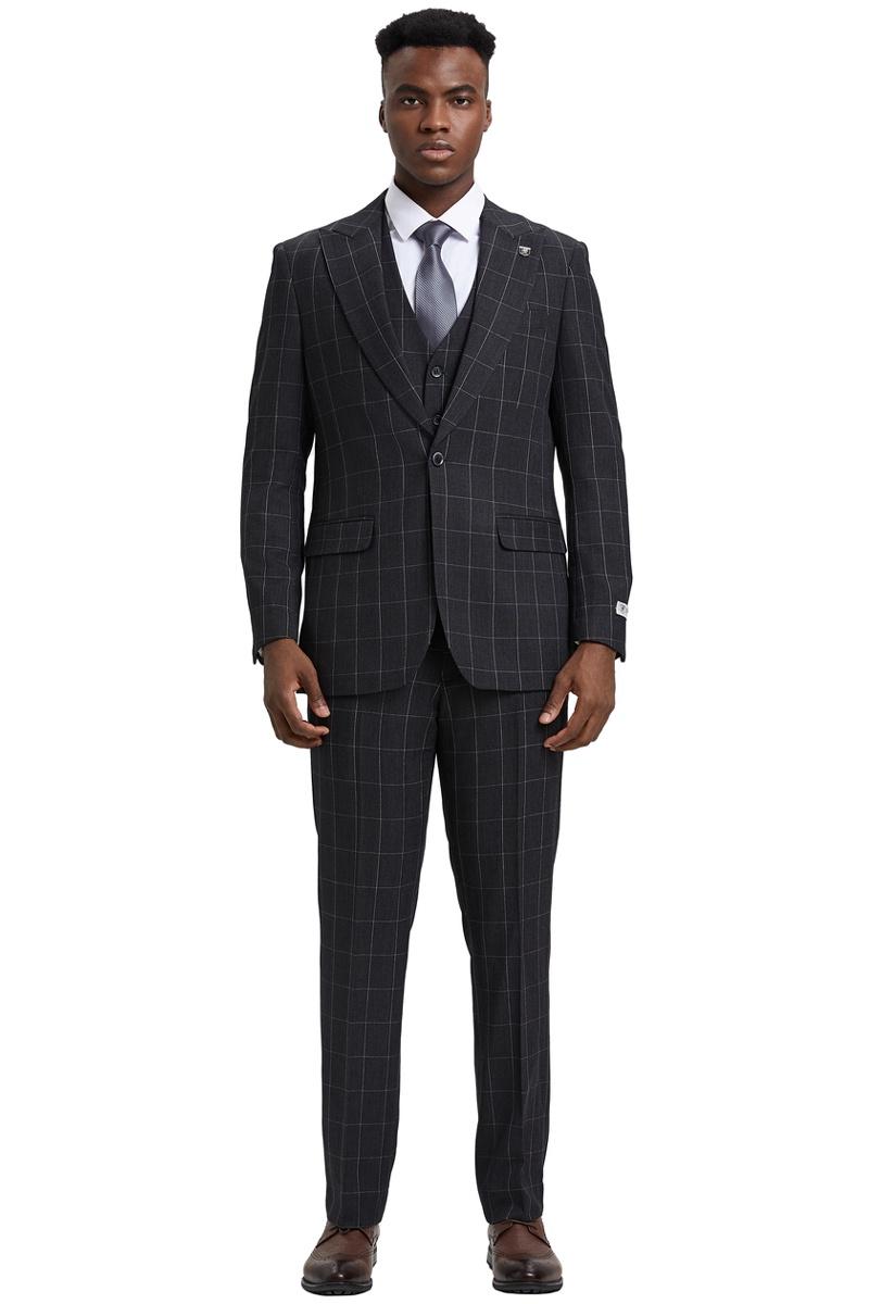 Men's Stacy Adams Vest Classic Bold Windowpane Suit in Dark Charcoal Grey