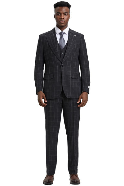Men's Stacy Adams Vest Classic Bold Windowpane Suit in Dark Charcoal Grey 2 SM394H1-01-38R  - from alligatorwarehouse.com
