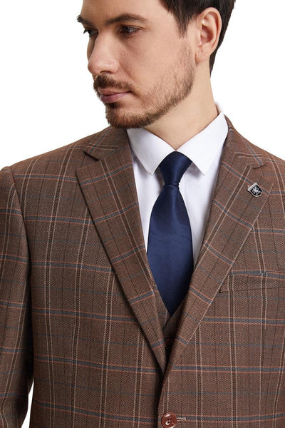 Men's Stacy Adams Vested Modern Fit Windowpane Plaid Suit in Light Brown 4 SM159H1-153-38R  - from alligatorwarehouse.com