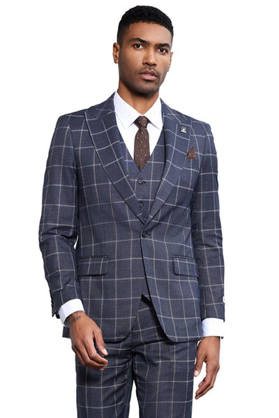 Men's Stacy Adams Classic One Button Vested Windowpane Suit in Charcoal Grey 1 SM178H1-30-38R  - from alligatorwarehouse.com
