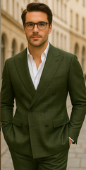 Wool Suit - Italian Made Business Suit by Statement Men's 100% Wool 2 Piece Suit - Double Breasted Windowpane