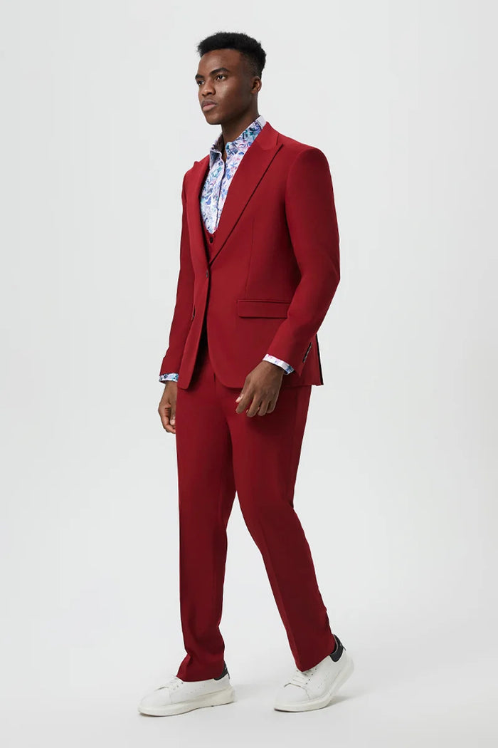 Men's Vested One Button Peak Lapel Stacy Adams Designer Suit in Cherry Red