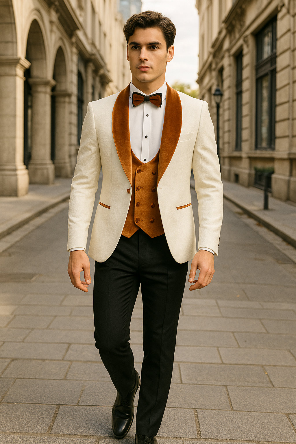 Marco Lorenzo Premium Paisley Burnt Orange Velvet 4pc Suit W/ Matching Bowtie