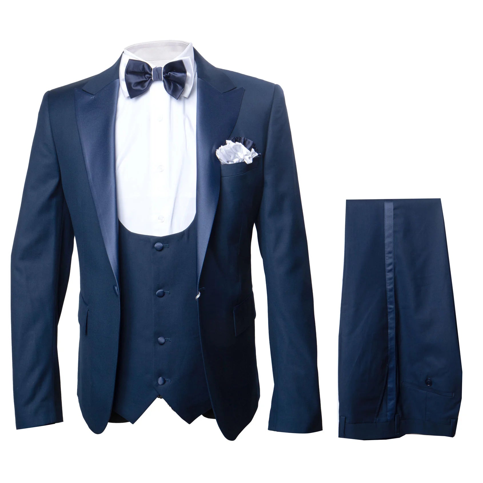 Men’s Navy Blue Tuxedo with Satin Peak Lapel with navy sateen  – 3 Piece Formal Suit with Vest and Bow Tie 6   - from alligatorwarehouse.com