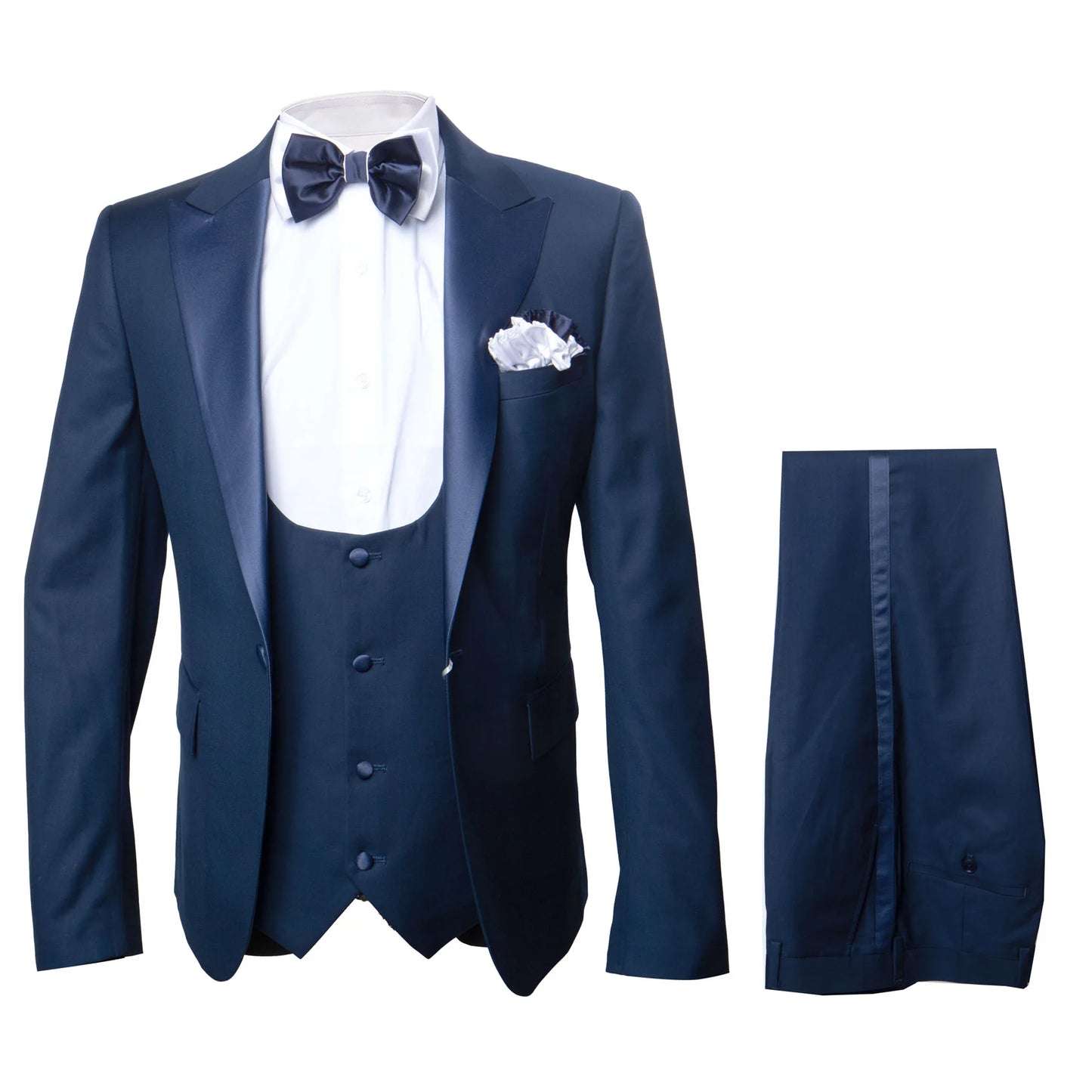 Men’s Navy Blue Tuxedo with Satin Peak Lapel with navy sateen  – 3 Piece Formal Suit with Vest and Bow Tie