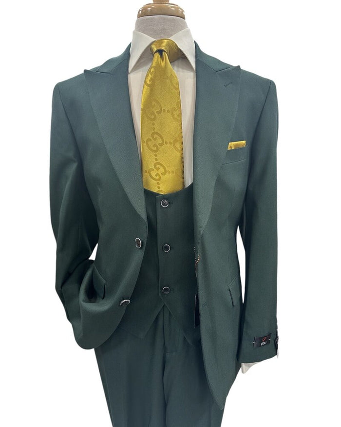 Mens Vitali 3 Piece Suit W/Scoop Vest Hunter Green 3-Piece Suit –, Big Peak Lapel  Vest and Pants  Modern Fit Two Buttons