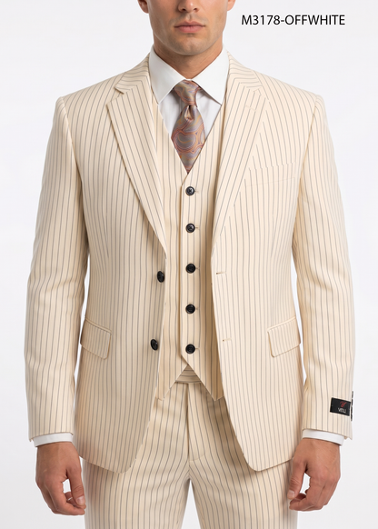 Men’s Ivory Cream Pinstripe Scarface Suit – Vintage Gangster Modern Fit 3-Piece Wedding Suit