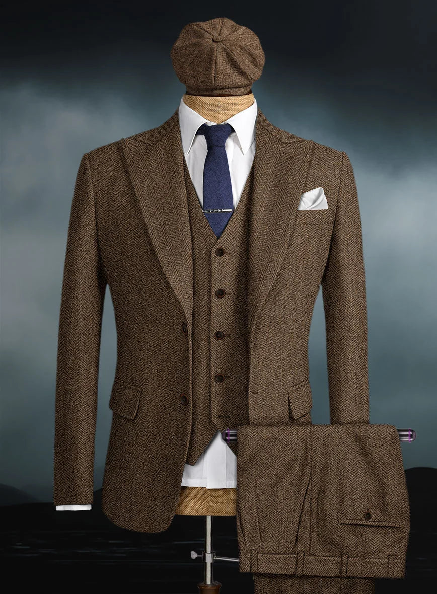 Men’s Thomas Shelby Inspired Brown Herringbone Tweed 3 Piece Suit – Peaky Blinders 1920s Vintage Suit