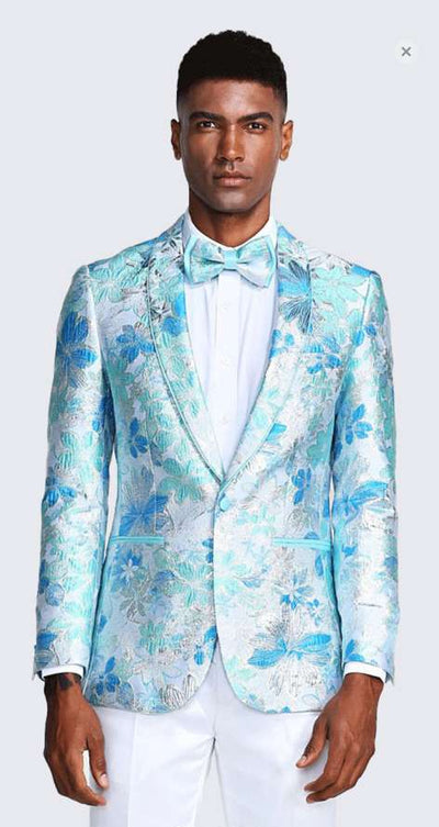 Men’s Light Blue Floral Jacquard Tuxedo Jacket with Matching Bow Tie | Formal Prom Wedding Blazer + Bowtie Turqoise Aqua Color