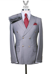 Mens Light Grey Double-Breasted Suit – Classic Slim Fit Business and Wedding Formal Attire