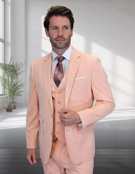 Men’s Light Peach 3 Piece Suit Set with Vest, Prom Wedding Dress Suit