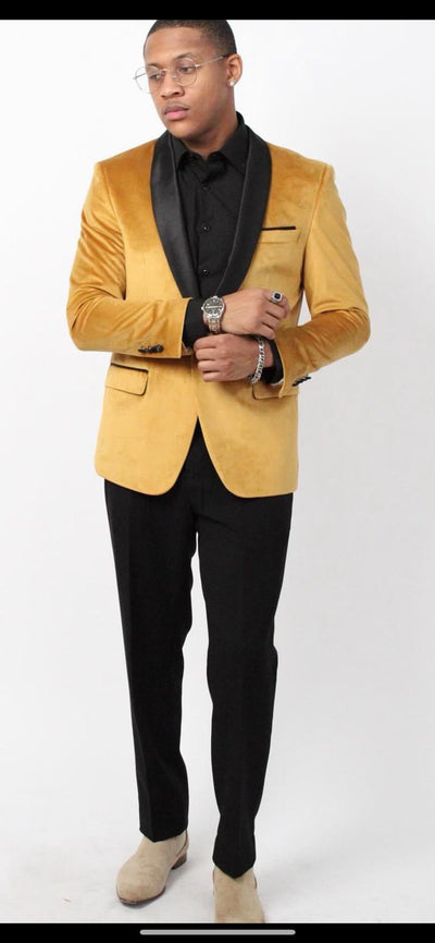 Men’s Mustard Gold Velvet Tuxedo Jacket – Slim Fit Dinner Blazer with Black Satin Shawl Lapel + Free Black Pants & Bowtie 2   - from alligatorwarehouse.com