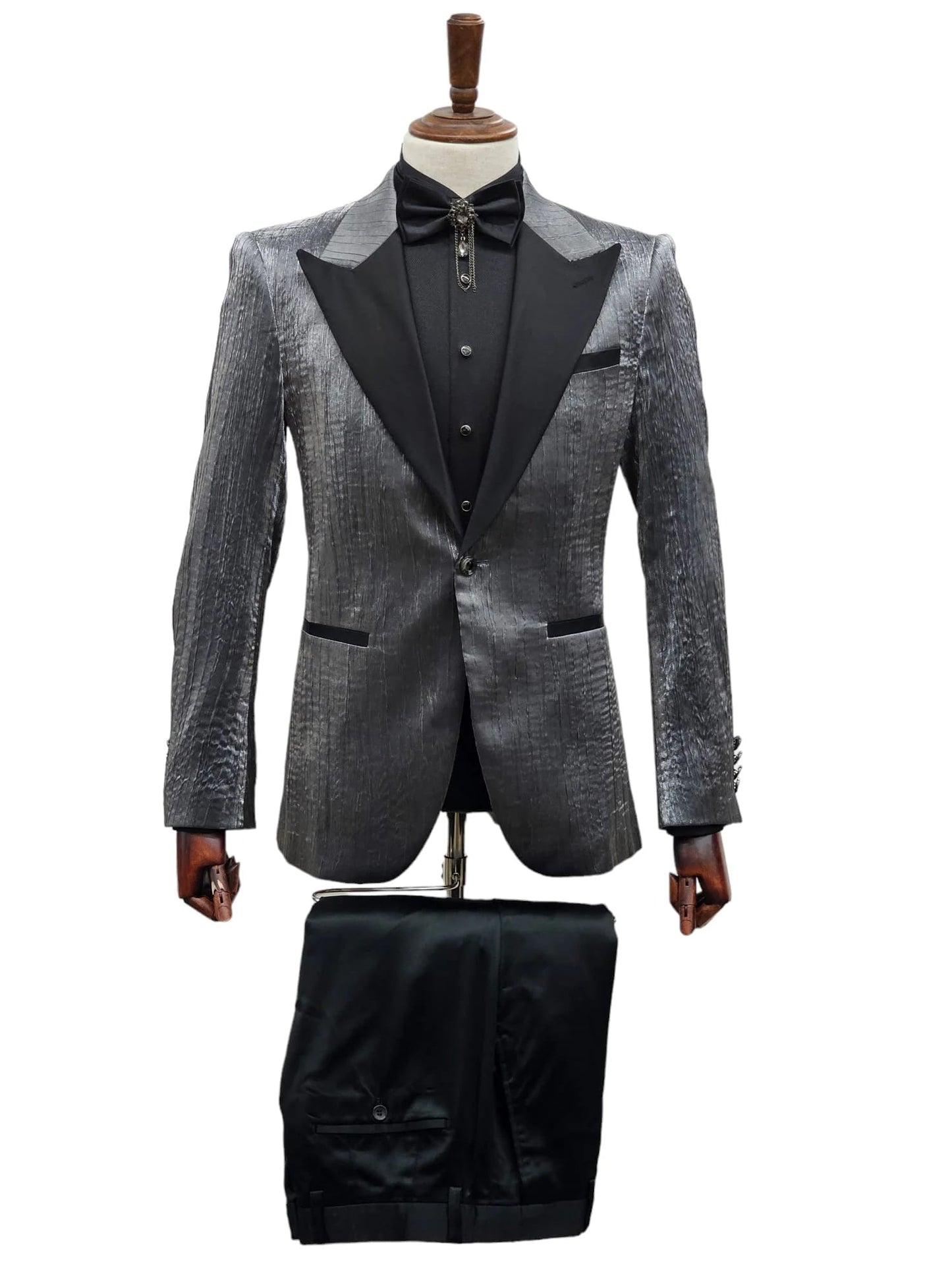 Silver Metallic Tuxedo Suit with Black Satin Peak Lapel – Mens Slim Fit Formal Wedding and Prom Attire in Charcoal Grey With Pants