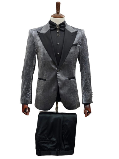 Silver Metallic Tuxedo Suit with Black Satin Peak Lapel – Mens Slim Fit Formal Wedding and Prom Attire in Charcoal Grey With Pants 6   - from alligatorwarehouse.com