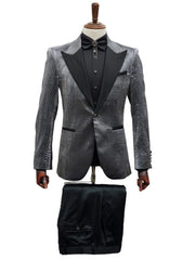 Silver Metallic Tuxedo Suit with Black Satin Peak Lapel – Mens Slim Fit Formal Wedding and Prom Attire in Charcoal Grey With Pants