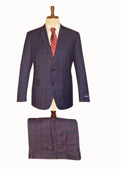 Men’s Navy Blue and Burgundy Checkered Two-Piece Suit Plaid Windowpane – Flat Front Pants or Pleated Wide Leg Pants - 100% Wool