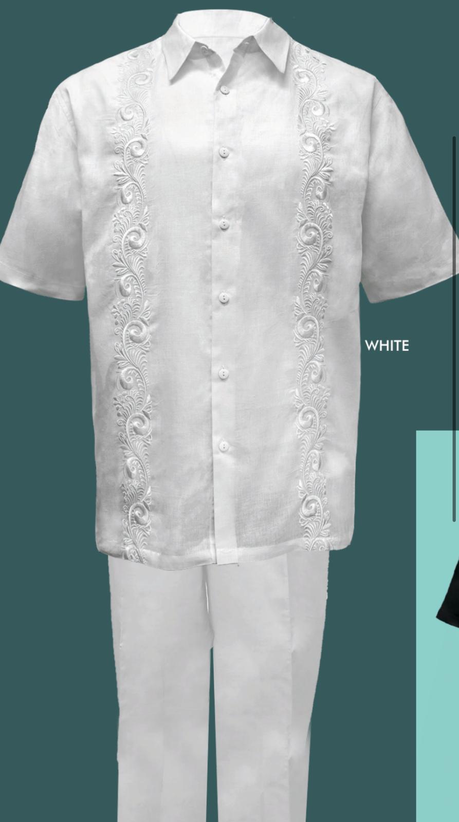 Men’s Linen White Embroidered Guayabera Two-Piece Set – Short Sleeve Shirt and Pants - Summer Walking Suit 3   - from alligatorwarehouse.com