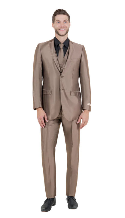 Men’s Sateen Shiny Metallic Mocca Taupe Gold Bronze 3-Piece Suit Set – Shiny Finish slim Fit Formal and Party Suit